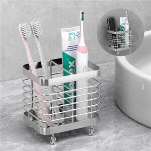 Stainless Steel Toothbrush Holder Wall Mounted Countertop Bathroom Organizer
